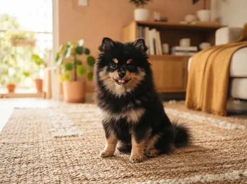Black and tan Pomeranian sitting neatly on a warm woven rug