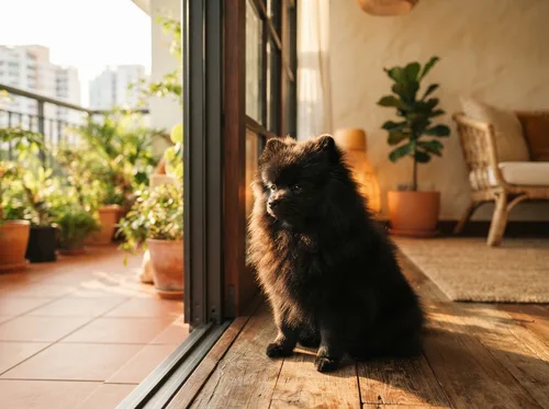 Glossy black Pomeranian sitting beside a sunny doorway at home