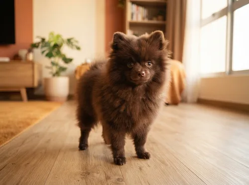 Chocolate Pomeranian standing alert on a light wooden floor