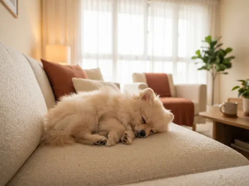 Cream Pomeranian resting on a warm cream sofa in a Singapore home