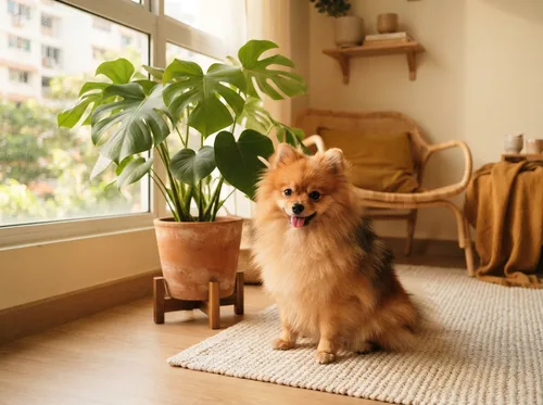 Orange sable Pomeranian sitting beside a potted plant at home