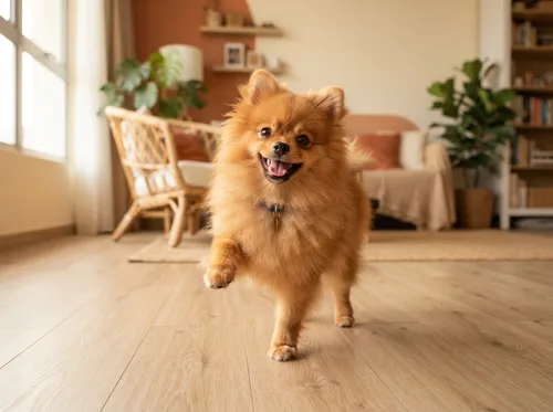 Orange Pomeranian playing on a wooden floor in a Singapore flat