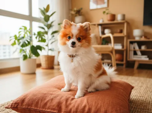 Parti orange and white Pomeranian on a warm terracotta cushion