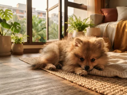 Sable Pomeranian resting near a sunlit window in a Singapore home