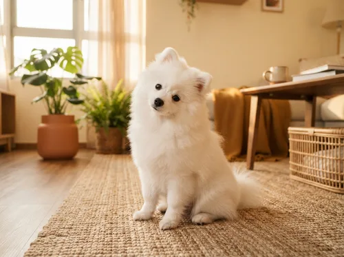 White Pomeranian sitting on a light woven rug in a Singapore living room