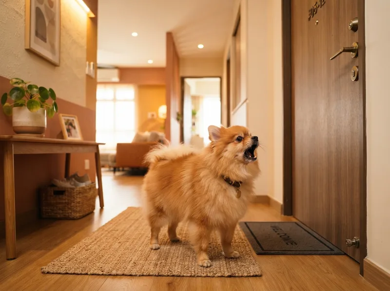 Alert orange Pomeranian barking with ears up in a Singapore HDB living room
