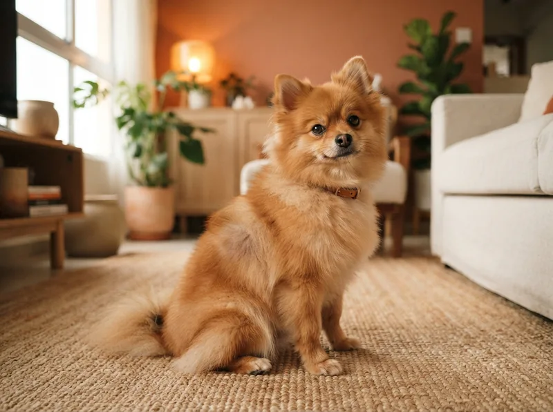 Adult Pomeranian with some symmetrical coat thinning along the body
