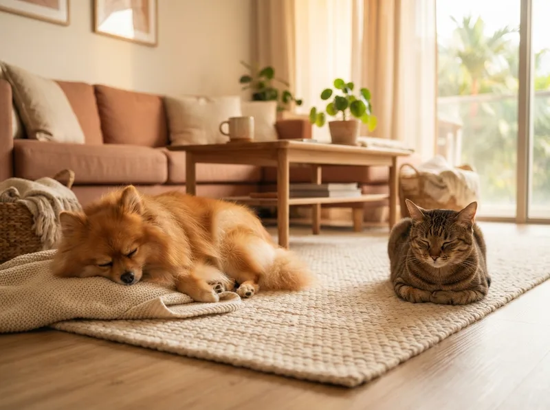 Pomeranian and a calm cat resting in a living room