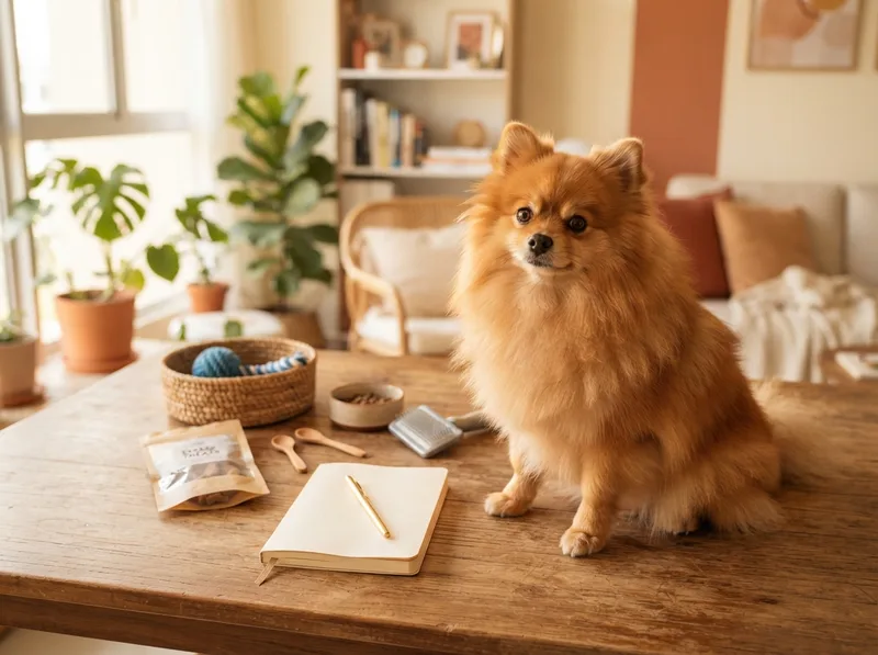 Pomeranian sitting beside everyday supplies like food, grooming tools and toys