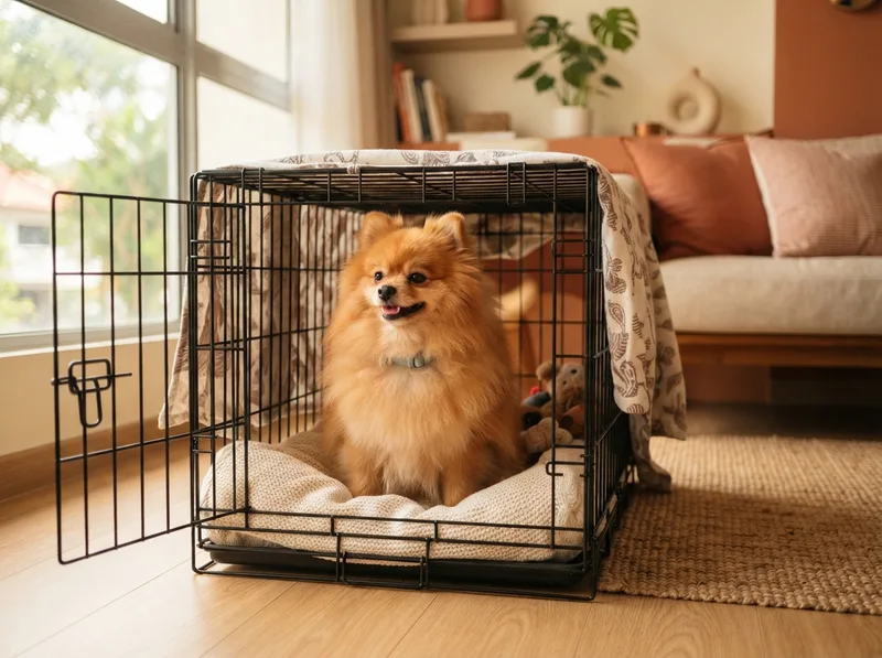 Happy Pomeranian sitting in an open crate with a soft bed