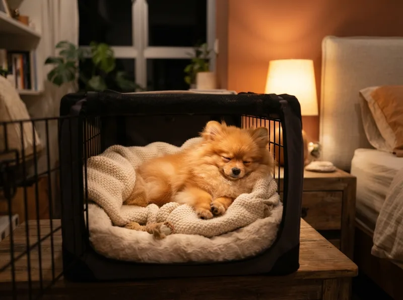 Pomeranian puppy settling into a cozy crate at night