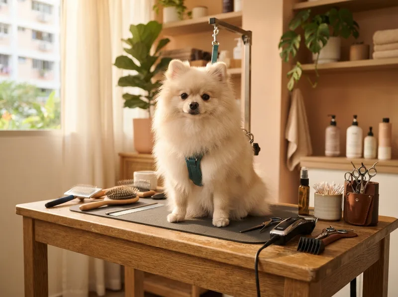 Pomeranian being brushed and tidied on a grooming table