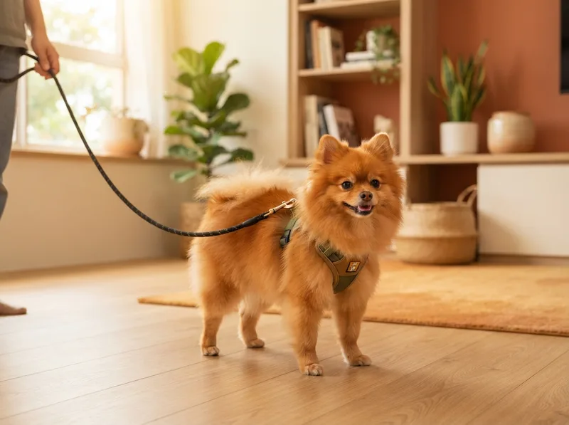 Pomeranian wearing a well-fitted body harness