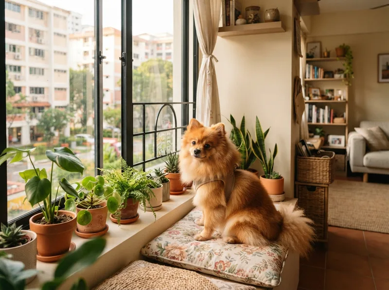 Pomeranian by the window of a cozy Singapore HDB flat