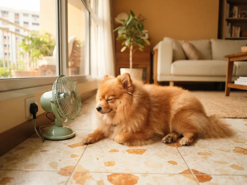 Pomeranian resting in the shade with water on a warm Singapore day