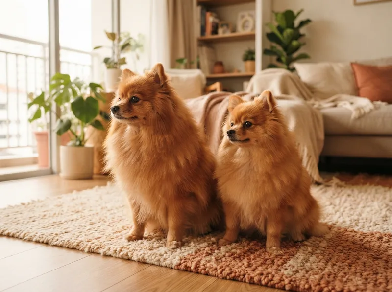 Two Pomeranians sitting side by side