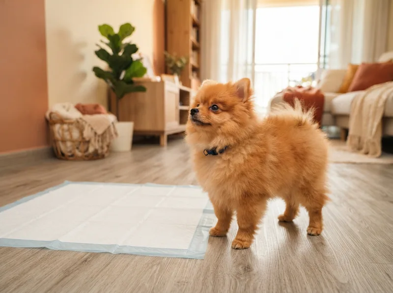 Pomeranian puppy beside a training pee pad in a flat