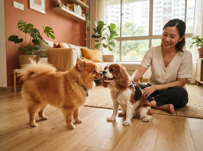 Pomeranian meeting another small dog calmly