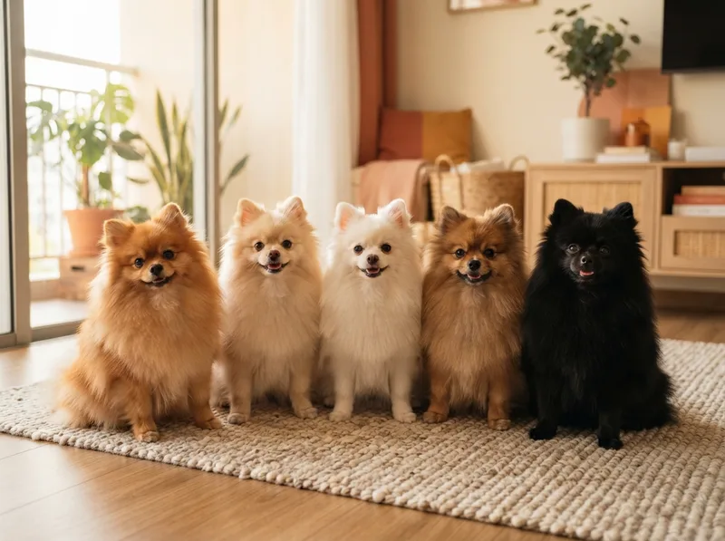 Several Pomeranians in different coat colours sitting together