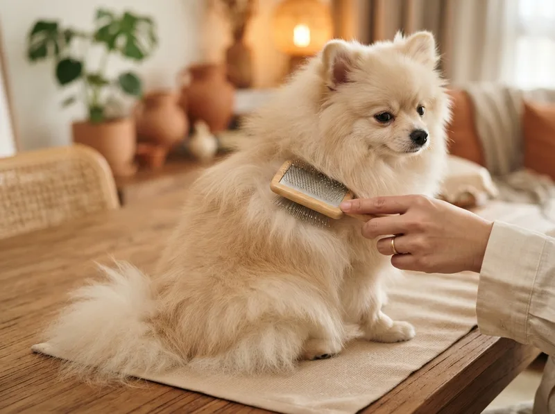 Close-up of a Pomeranian’s thick double coat being brushed with a slicker brush