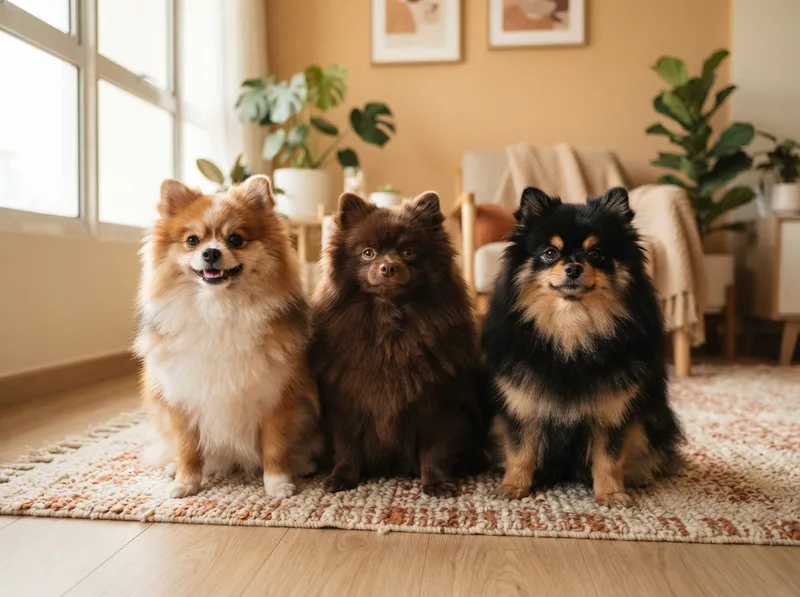 Four Pomeranian puppies in cream, orange, sable and parti coats side by side