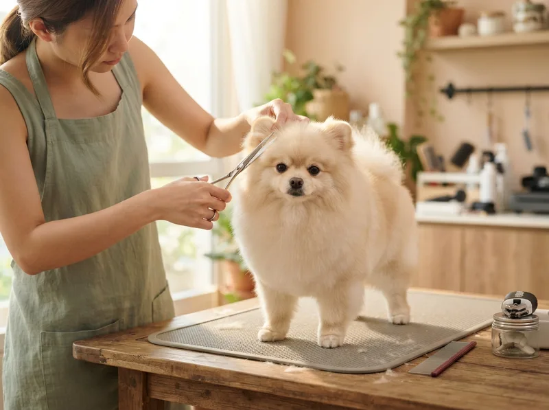 A Pomeranian being groomed with a slicker brush, coat fluffed and tidy