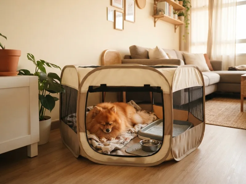 Small orange Pomeranian resting on the floor of an HDB flat living room