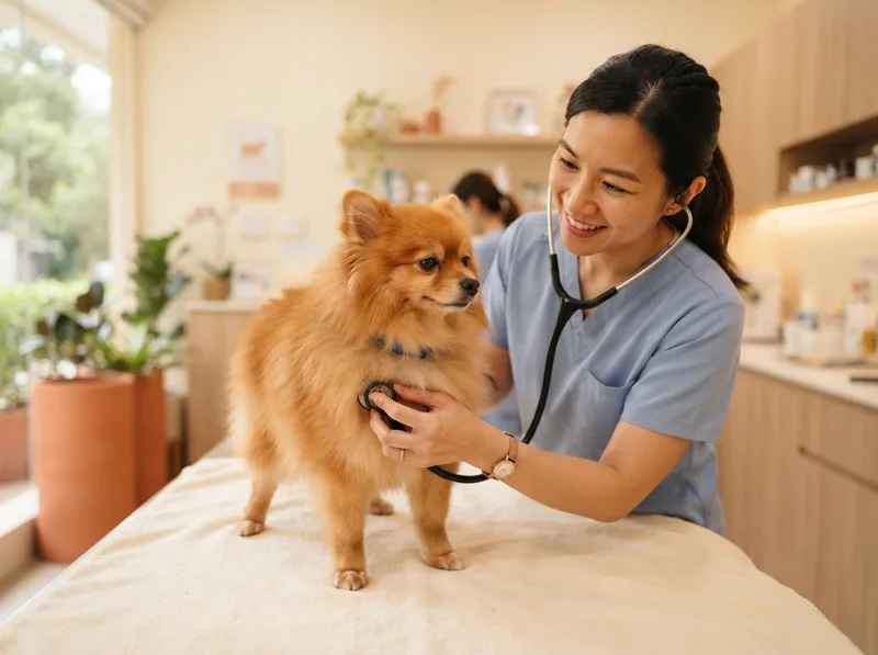 Veterinarian examining a small Pomeranian puppy during a health check