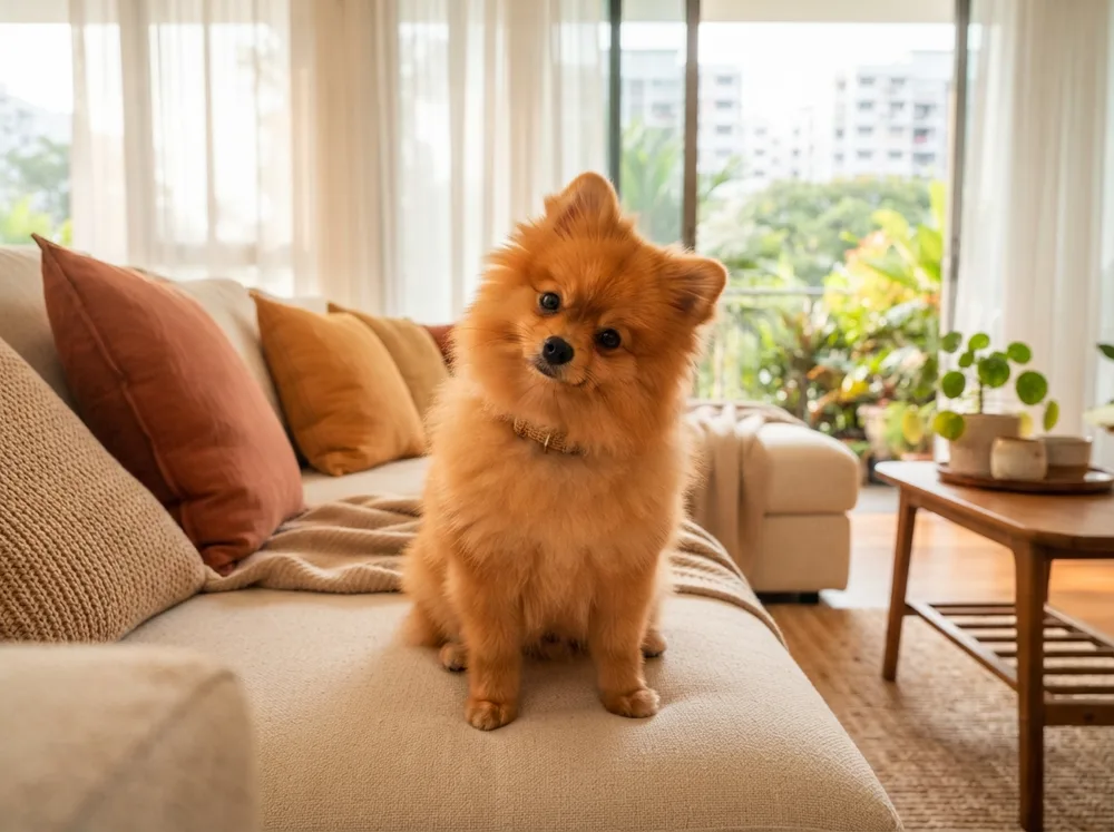 Fluffy orange Pomeranian puppy sitting in a bright Singapore living room