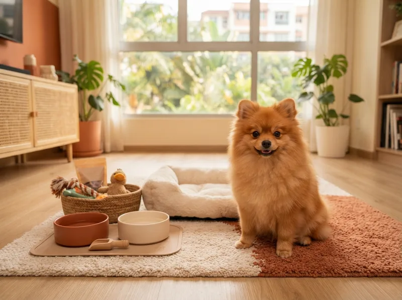 Fluffy orange Pomeranian puppy beside a starter kit in a Singapore pet shop