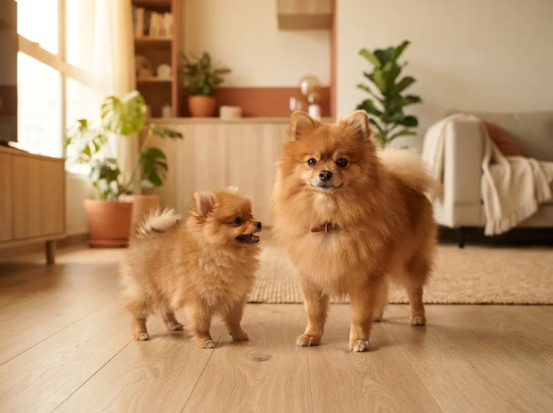 Full-grown orange Pomeranian shown next to a hand for scale in a Singapore home