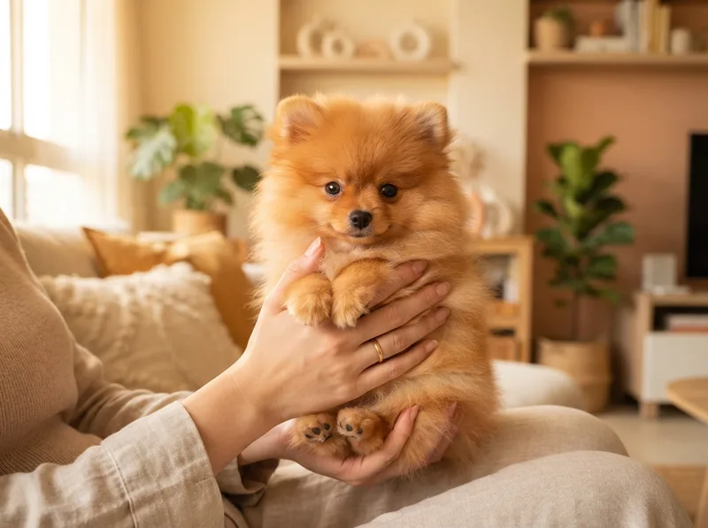 Small fluffy Pomeranian puppy held gently in two hands in Singapore