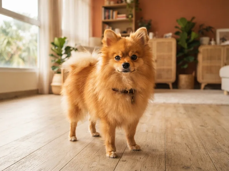 Alert orange Pomeranian standing with ears up in a Singapore home