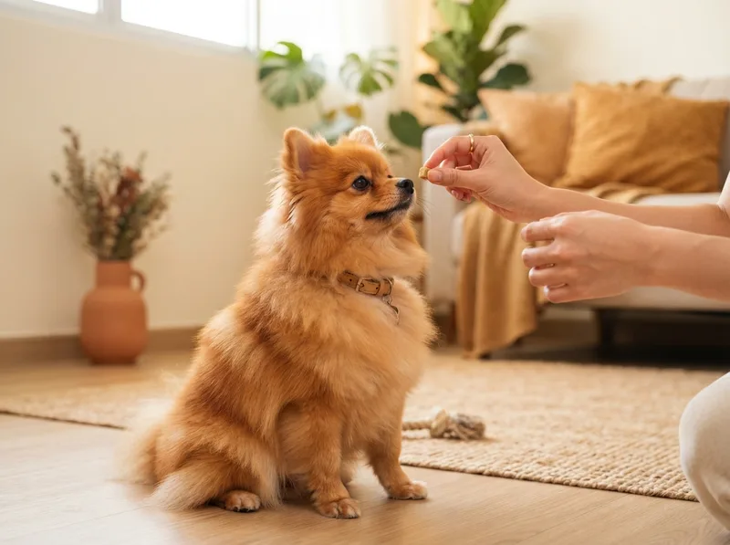 Orange Pomeranian puppy learning to sit during a reward-based training session in a Singapore home