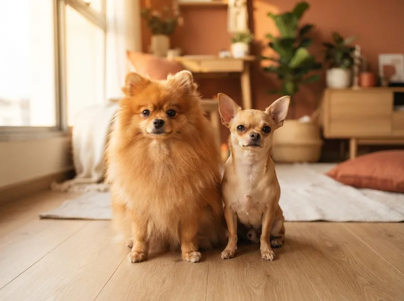 Pomeranian and Chihuahua sitting side by side for comparison