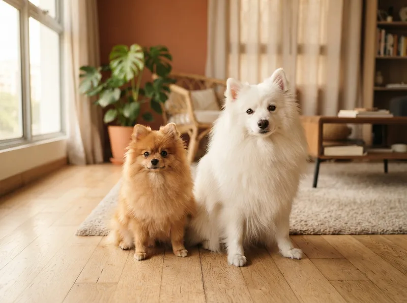 Pomeranian and Japanese Spitz sitting side by side for comparison