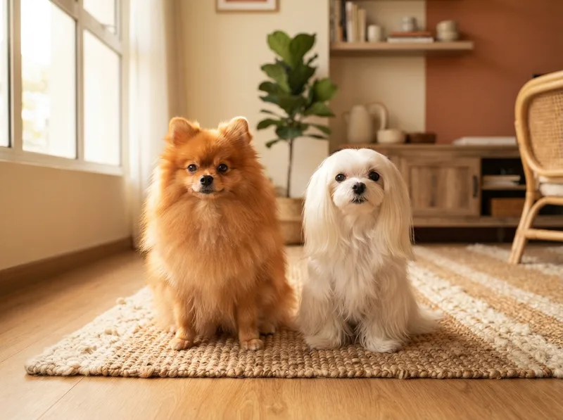 Pomeranian and Maltese sitting side by side for comparison