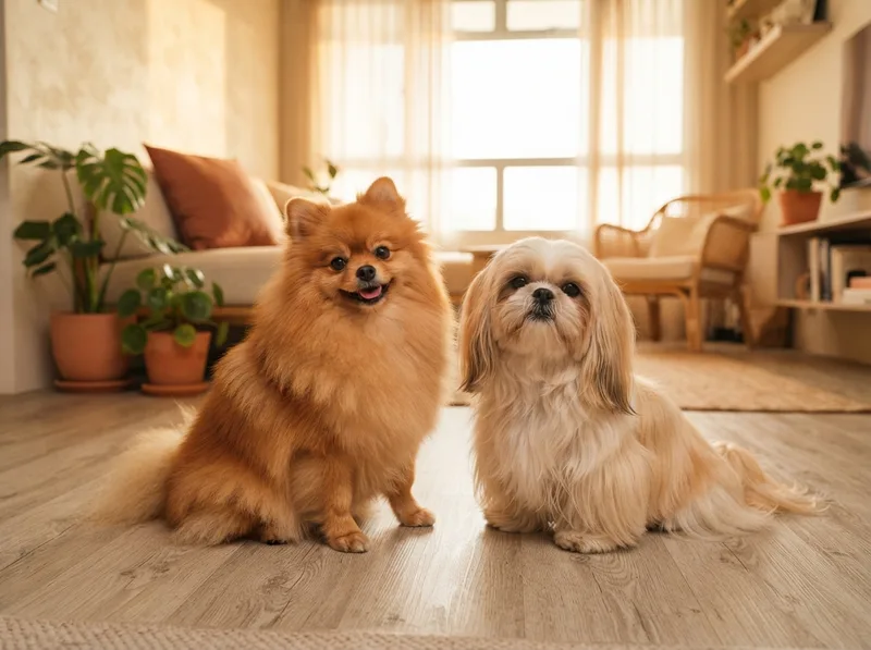 Pomeranian and Shih Tzu sitting side by side for comparison